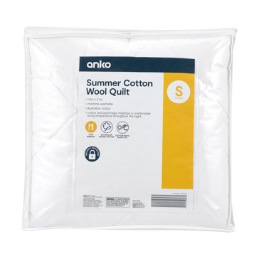 Low Warmth Summer Cotton Wool Quilt  Single Bed  White - Anko