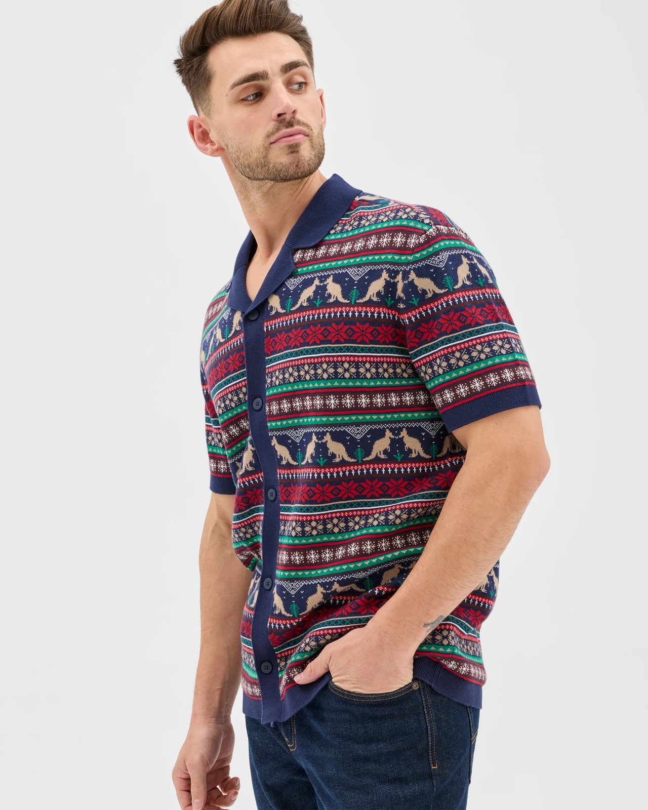 Australian Cotton Christmas Fairisle Knit Shirt - Navy 4 of 5
