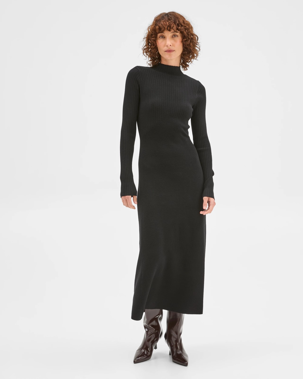 Preview Long Sleeve Rib Detail Knit Dress - Black 2 of 6