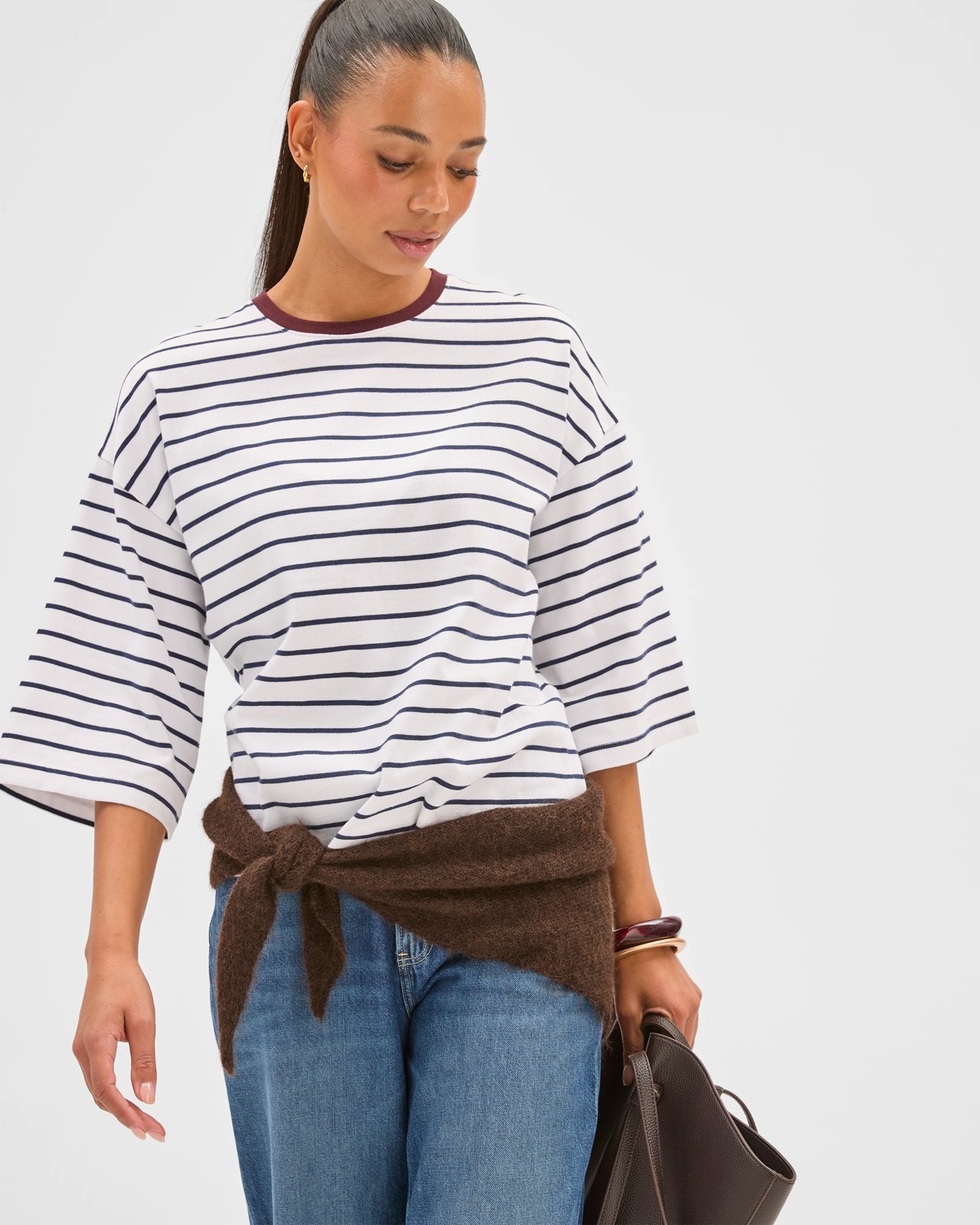 Australian Cotton 3/4 Length Wide Sleeve Boxy T-Shirt - Navy/White/Burgundy 3 of 6