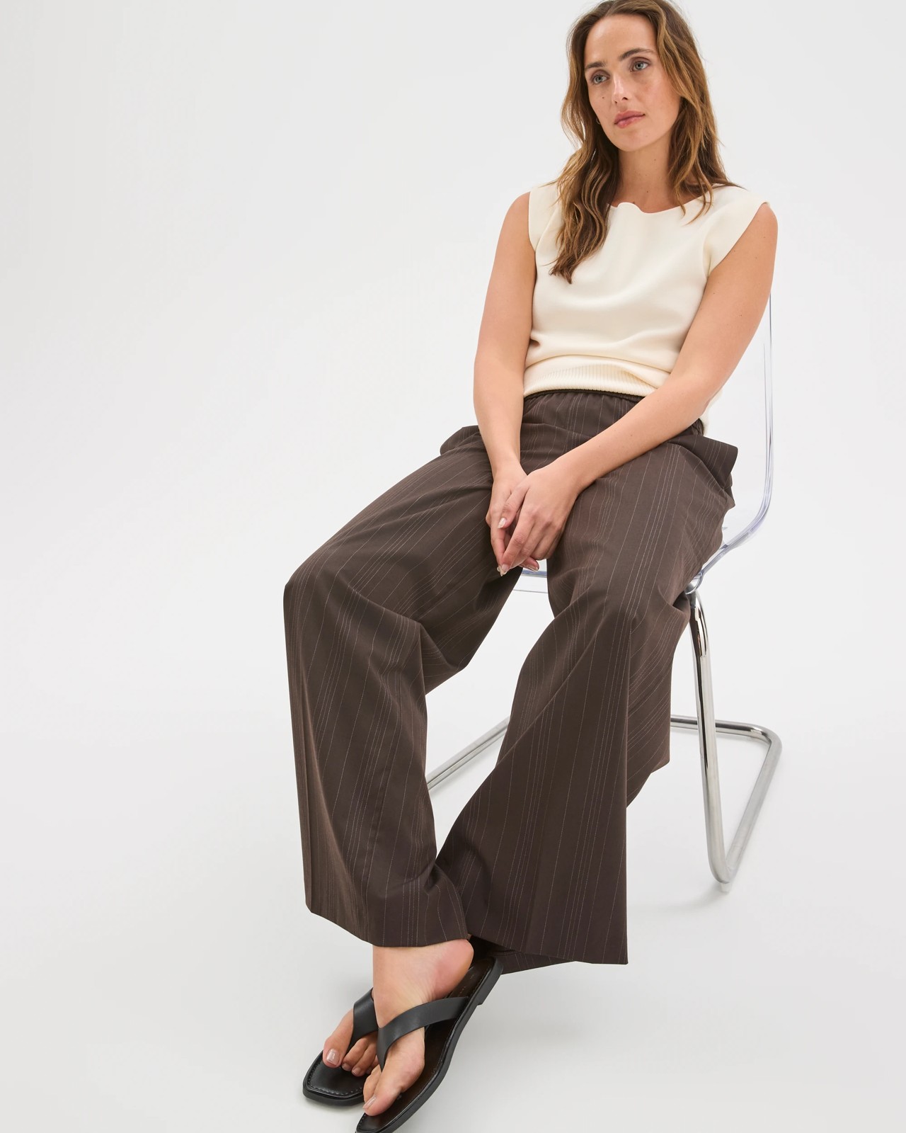 Preview Elastic Waist Tailored Pants - Coffee Bean Broken Stripe 4 of 5