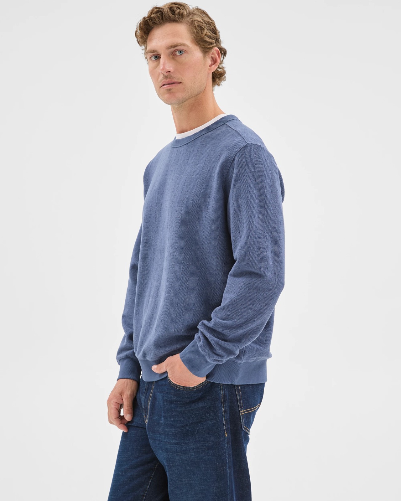 Australian Cotton Herringbone Long Sleeve Crew Neck Fleece Top - Blue Stone 4 of 6