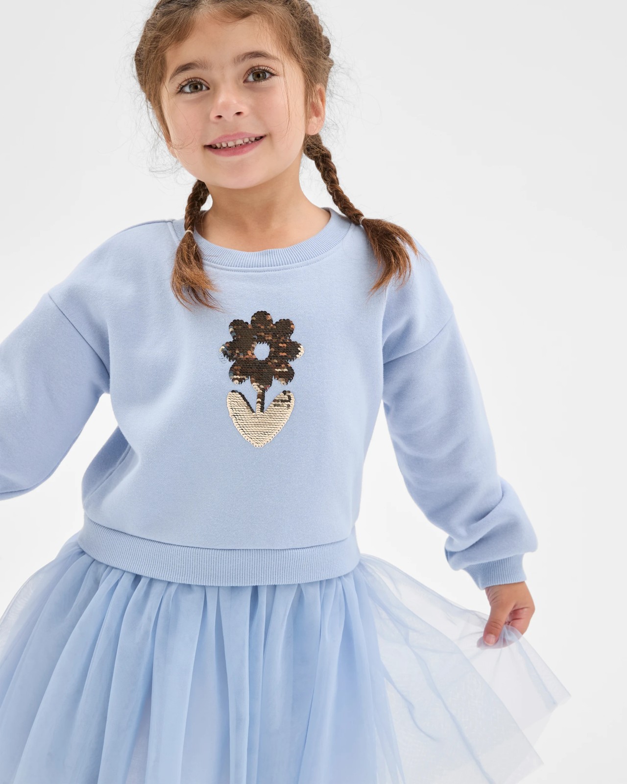 Australian Cotton Blend Fleece Tulle Jumper Dress - Blue Flower 4 of 6