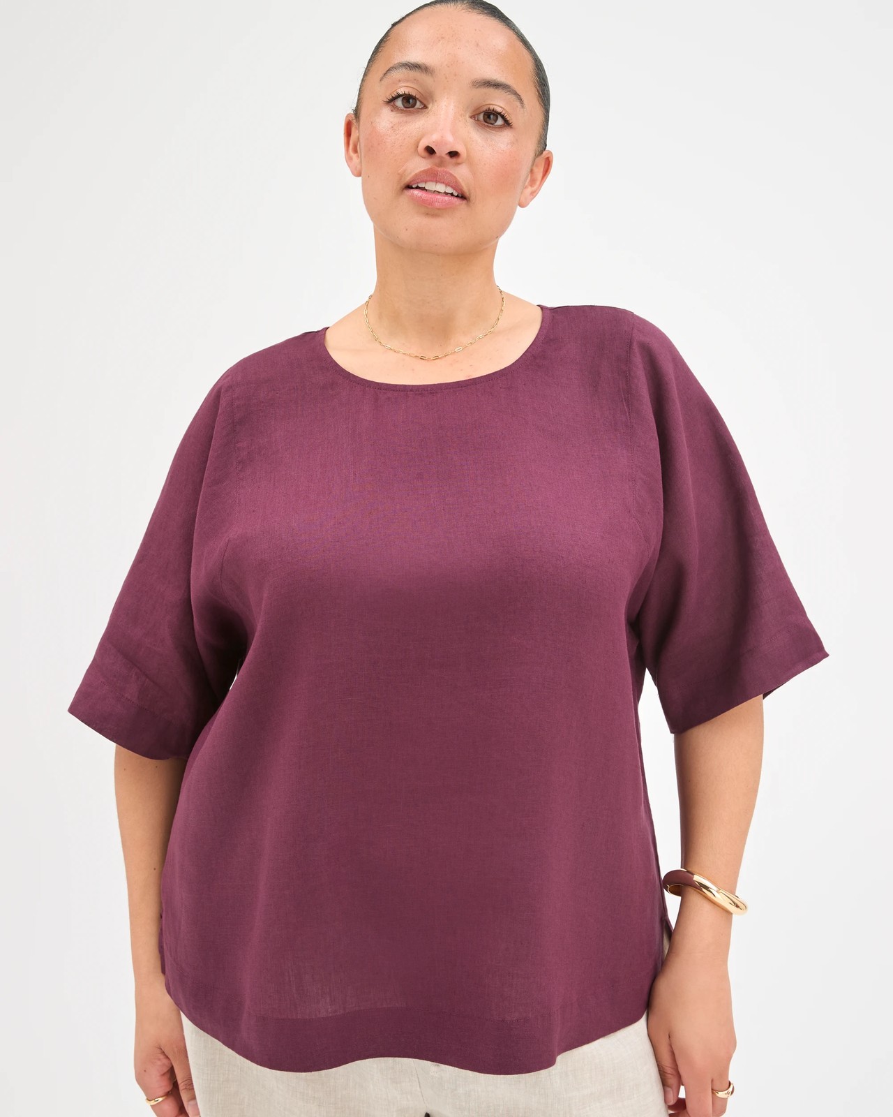 Plus Size European Linen Seam Detail T-Shirt - Merlot Brown 5 of 5