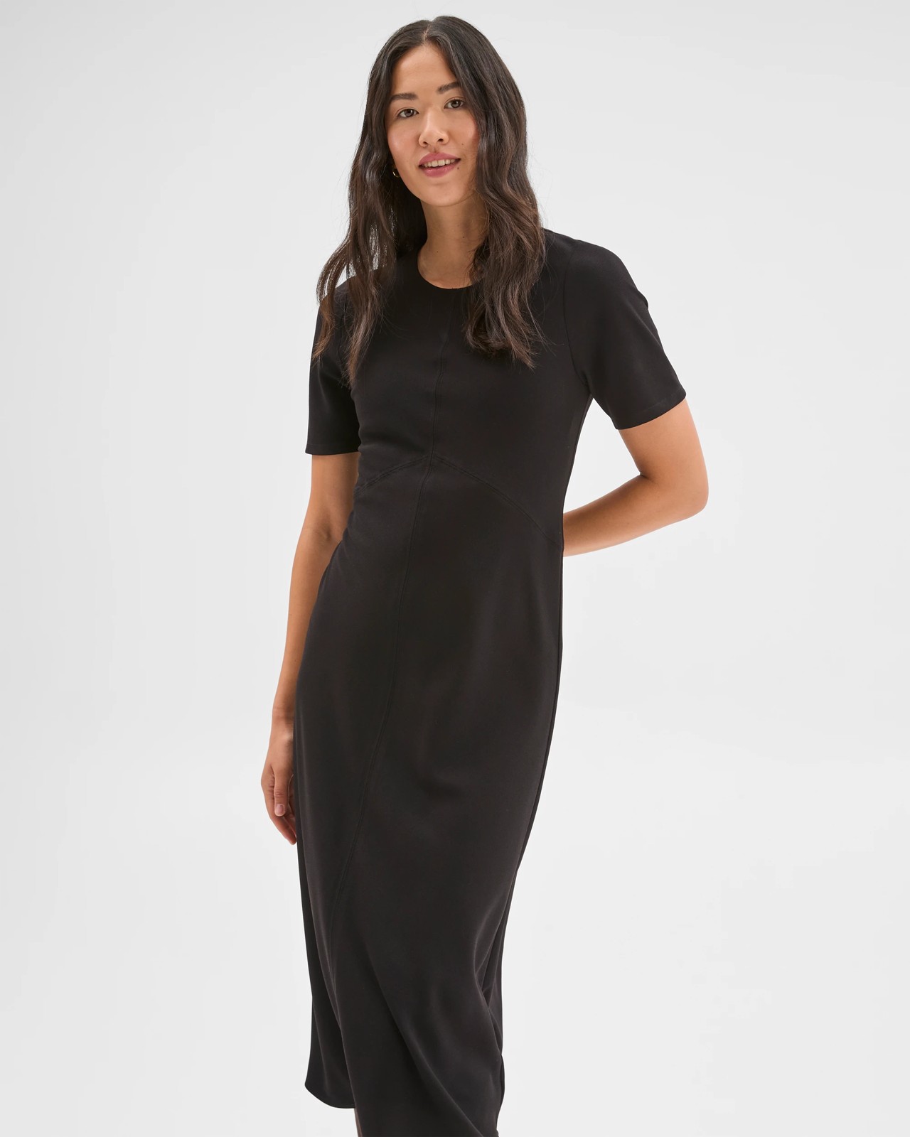 Preview Short Sleeve Midi Crepe Woven Dress - Black 3 of 5