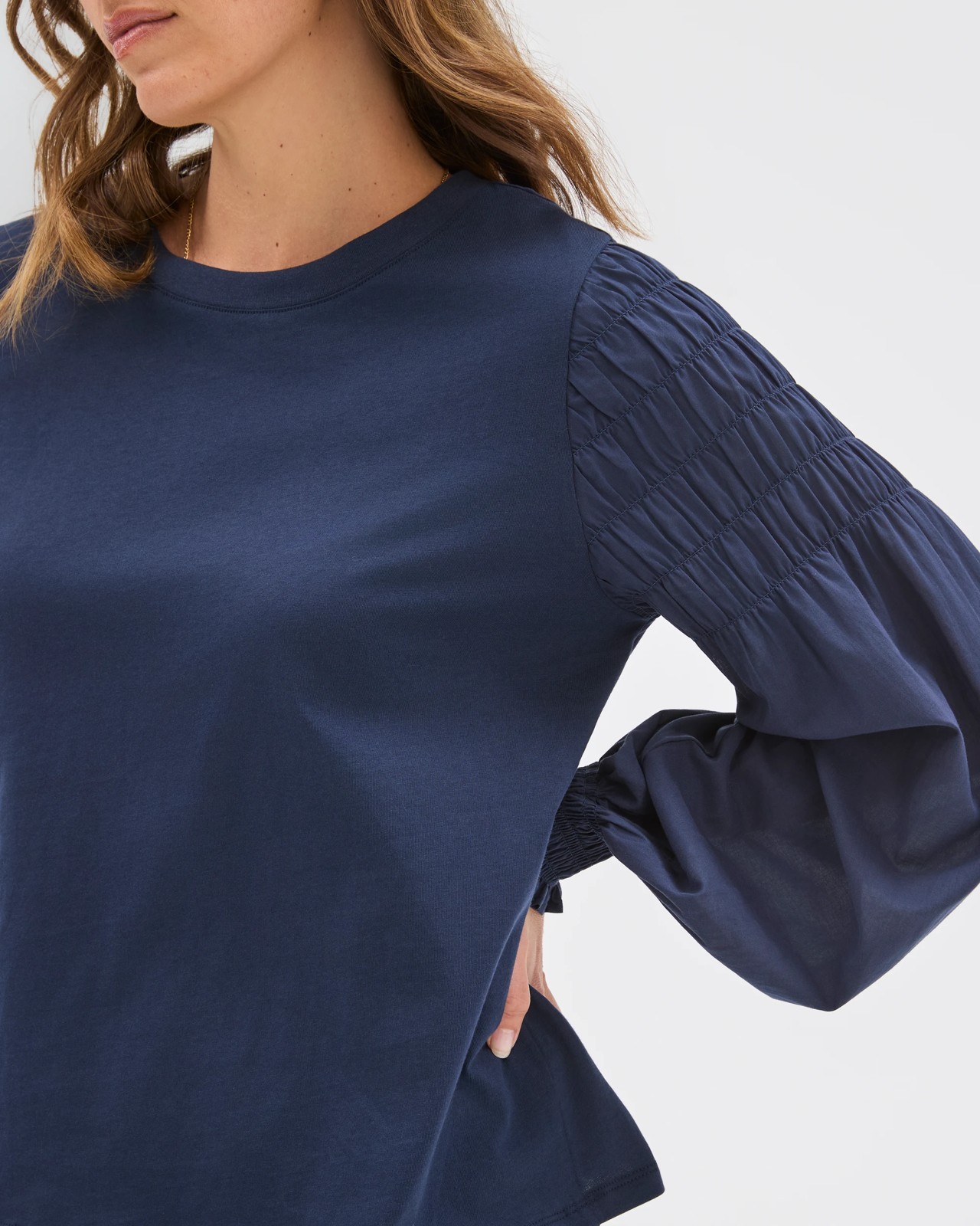 Australian Cotton Long Sleeve Shirred Sleeve Top - Ink Navy 5 of 6