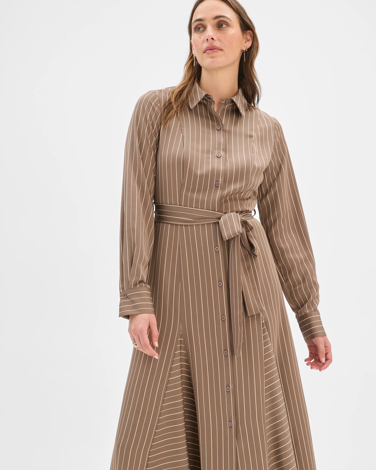 Preview Long Sleeve Godet Detail Midi Shirt Dress - Smoked Taupe 3 of 5