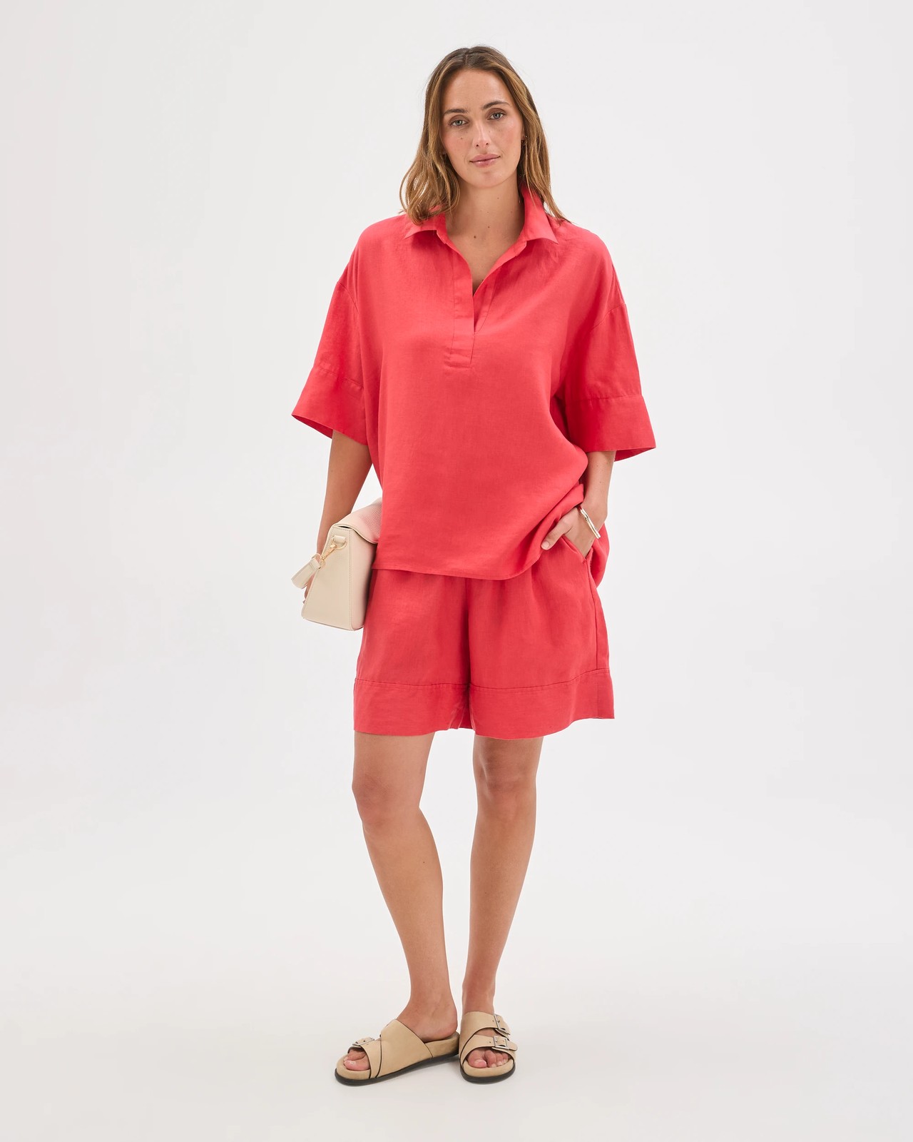 European Linen Elbow Sleeve Cocoon Popover Shirt - Cranberry 2 of 6