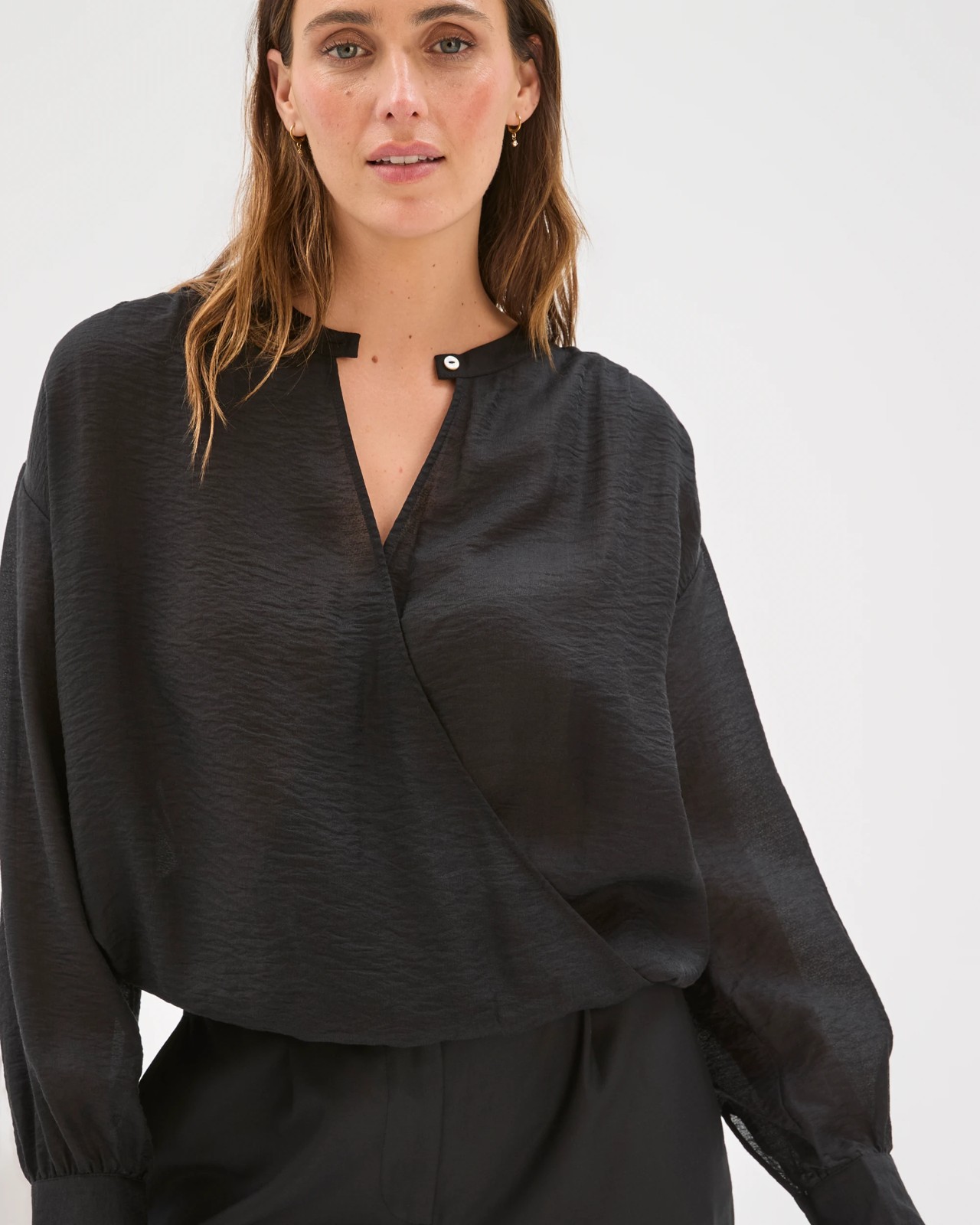 Preview Thalia Long Sleeve Wrap Front Blouson Blouse - Black 4 of 5
