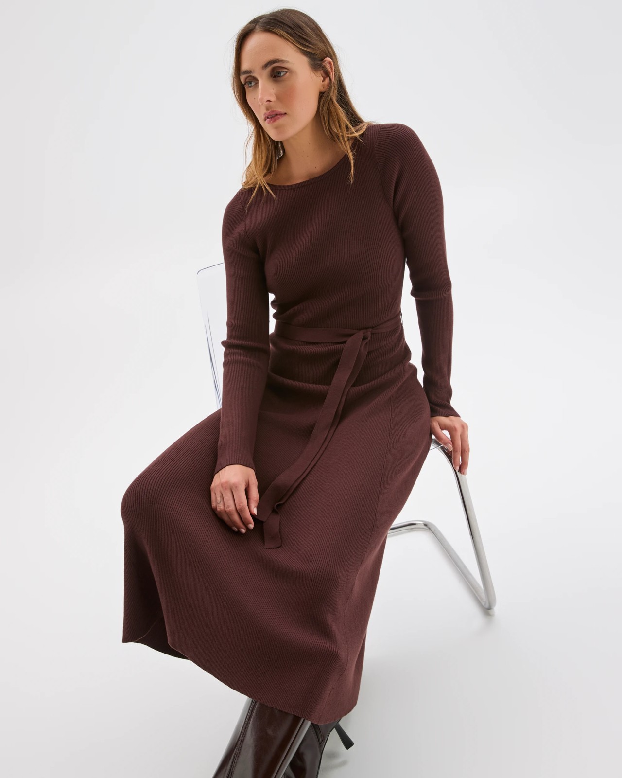 Preview Australian Cotton Blend Long Sleeve Knit Midi Dress - Dark Chocolate 5 of 5