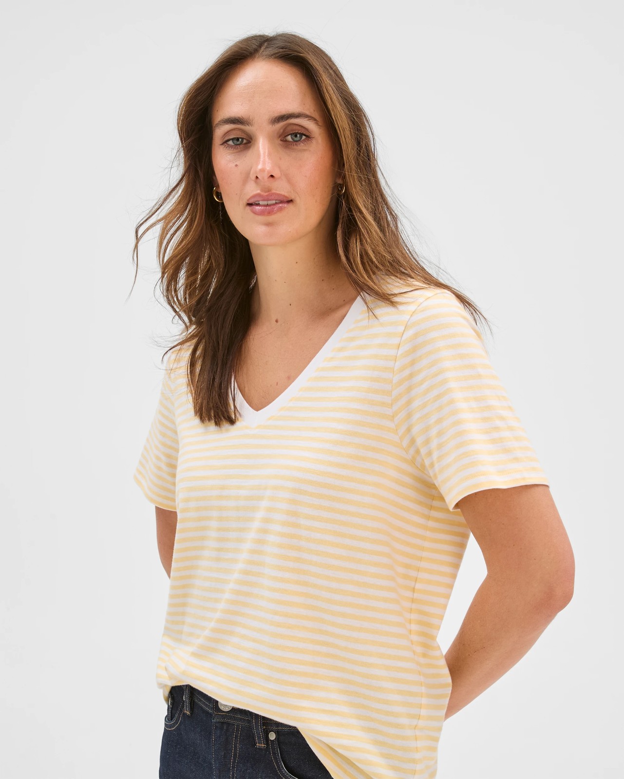 Australian Cotton Slub Relaxed V-Neck T-Shirt - Butter Lemon/White Stripe 3 of 6