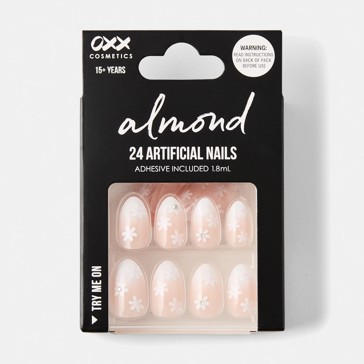 24 Pack Artificial Nails with Adhesive, Almond Shape, Flower Gems - OXX Cosmetics