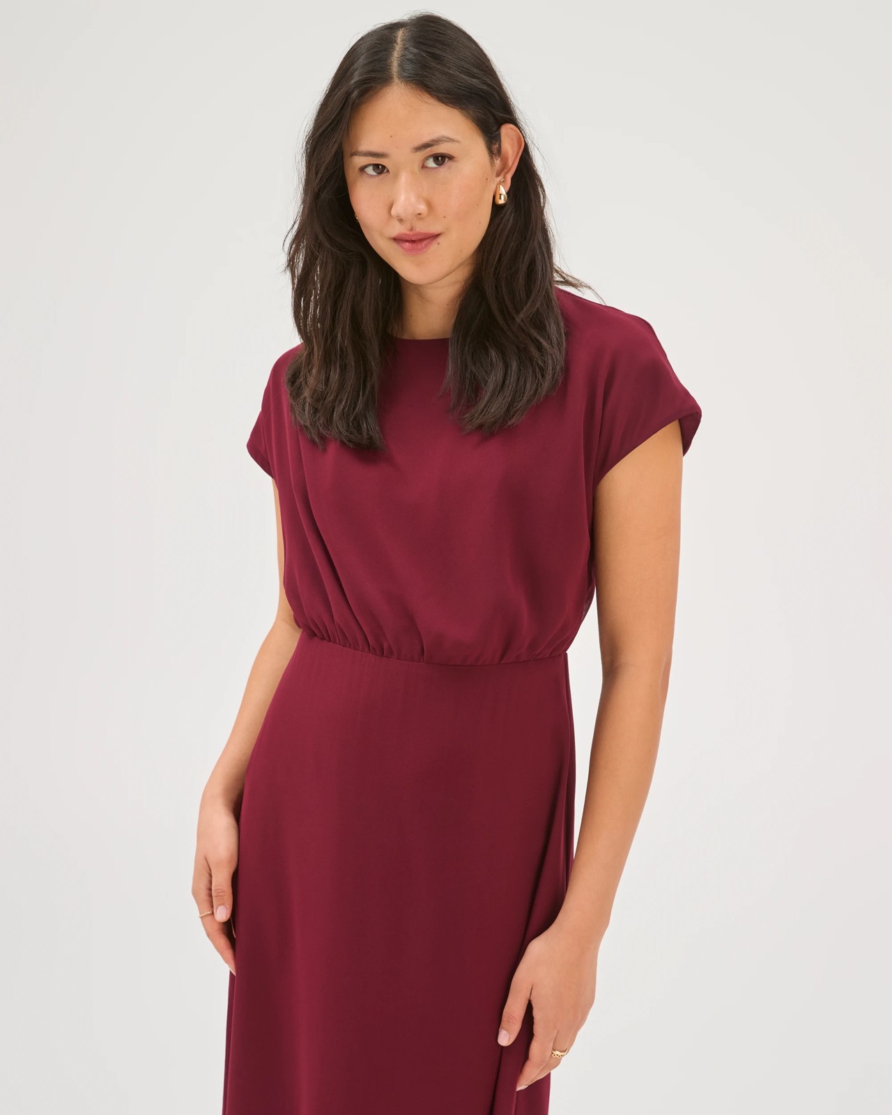 Preview Sheer Drape Front Midi Dress - Sangria 2 of 5