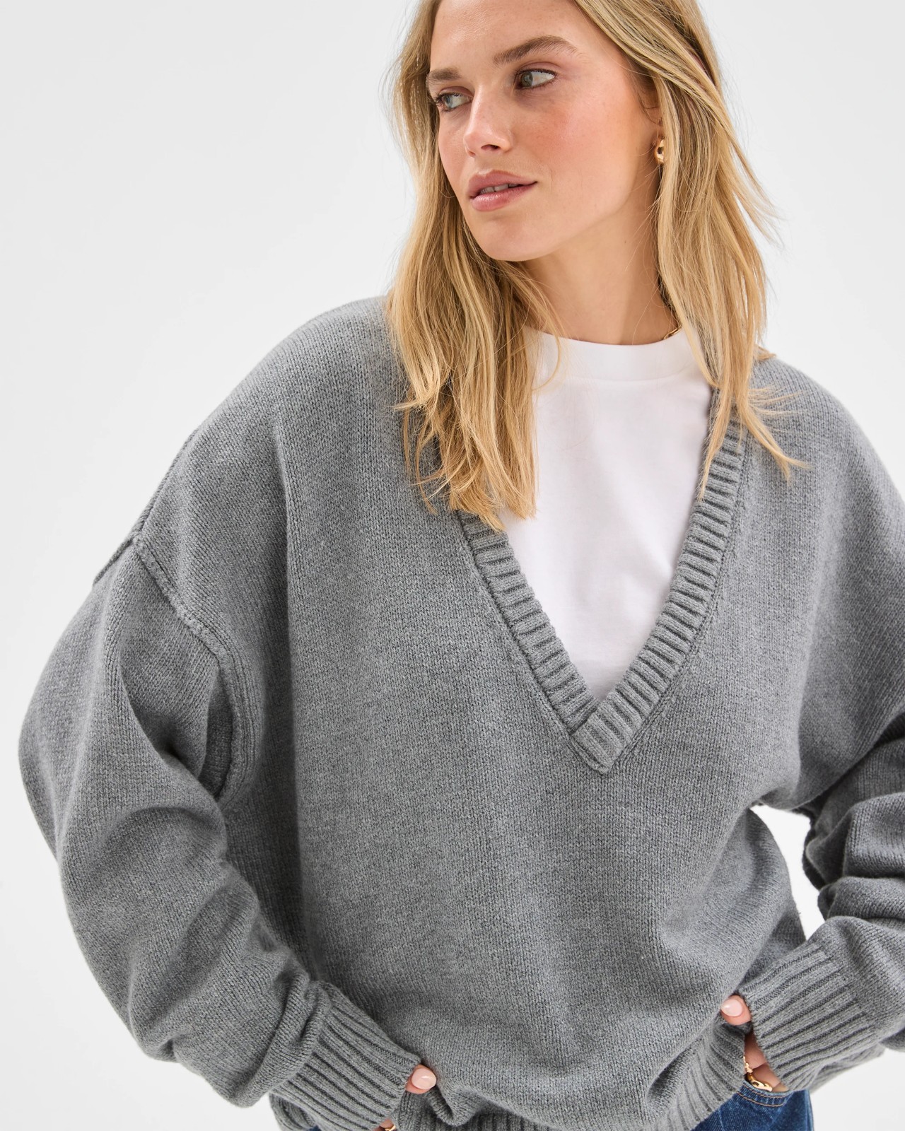 Lily Loves Australian Cotton Blend Deep V-Neck Jumper - Grey Marle 5 of 5