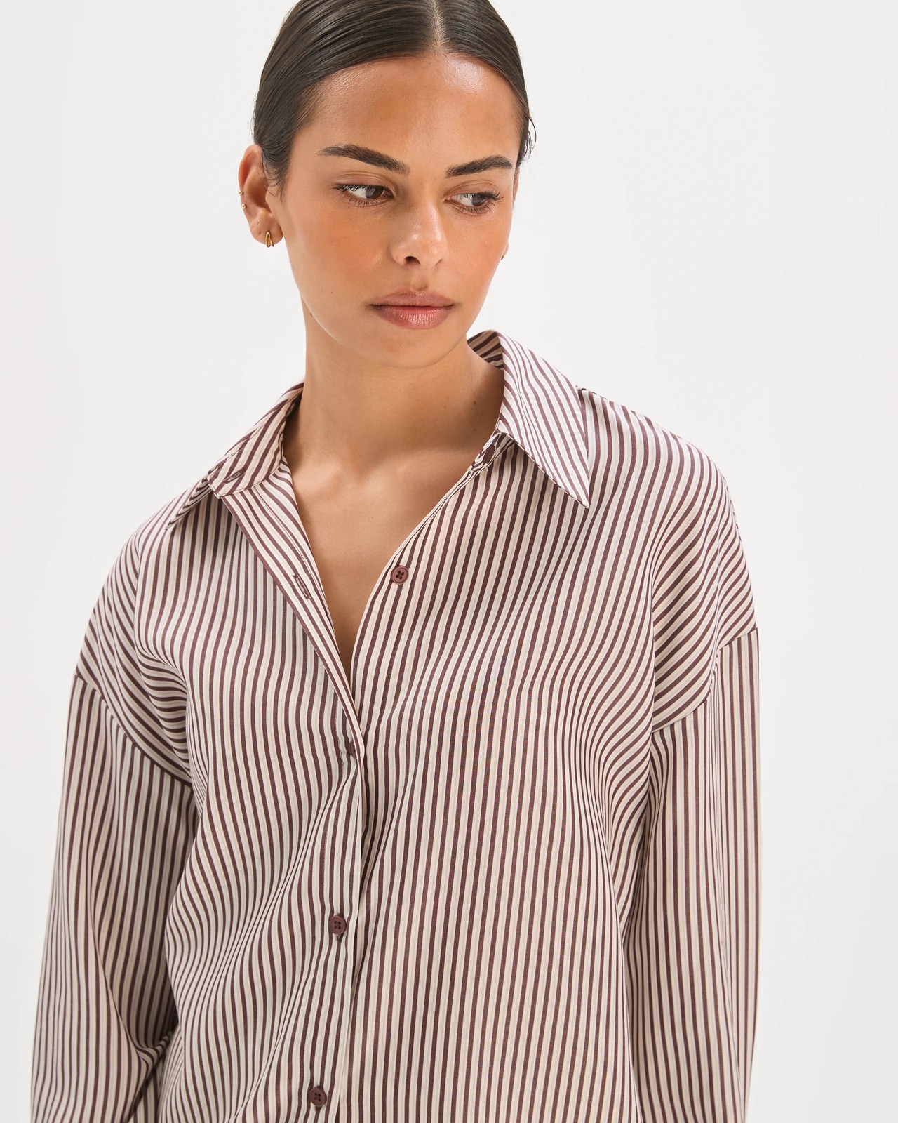 Preview Lyocell Long Sleeve Back Detail Shirt - Chocolate Stripe 3 of 6