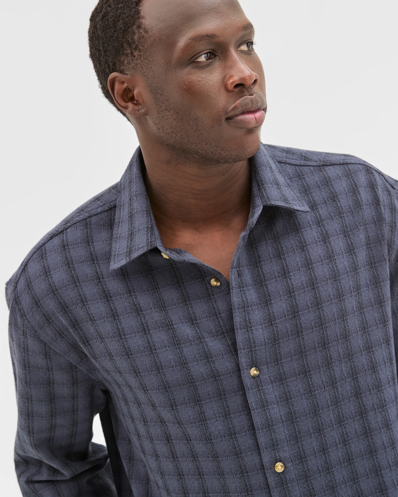 Commons Australian Cotton Boxy Fit Long Sleeve Textured Shirt - Navy Check 3 of 5