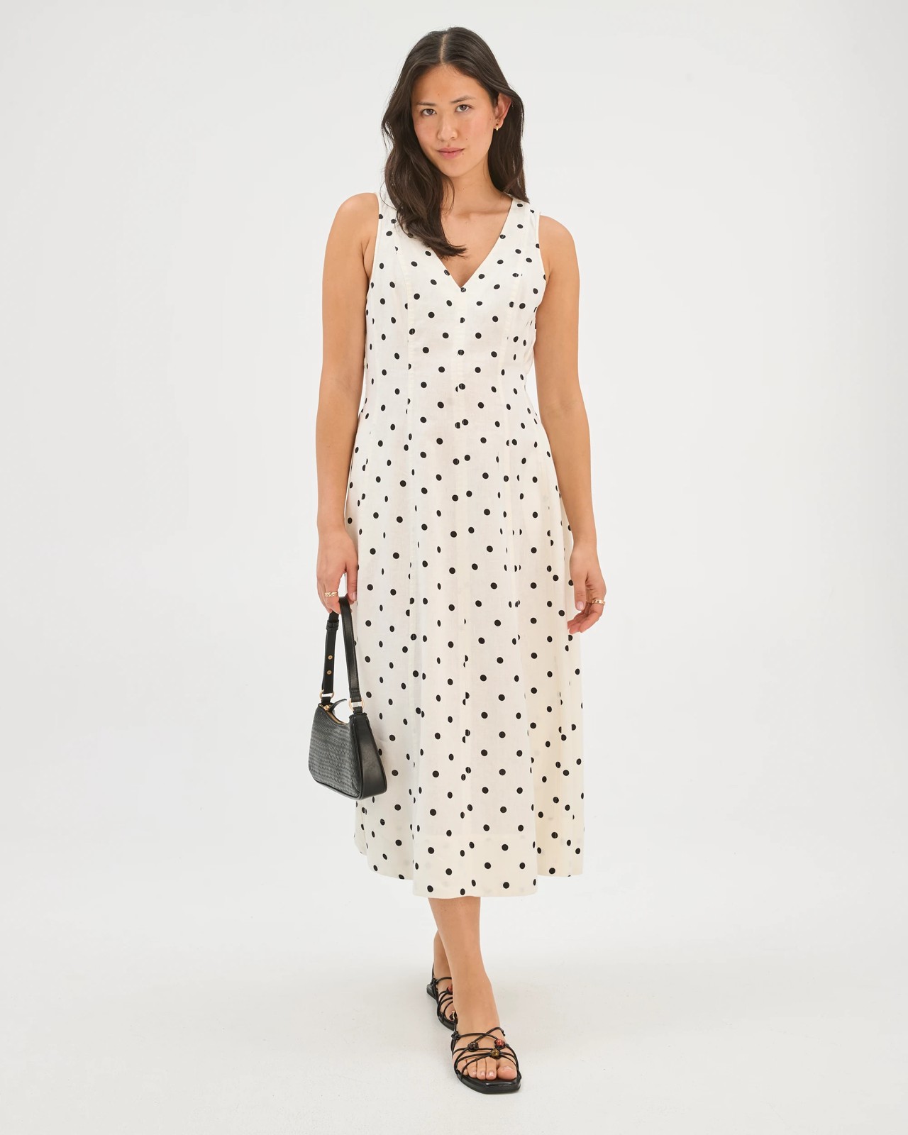 European Linen Sleeveless Seamed Midi Dress - Spot Print 2 of 5