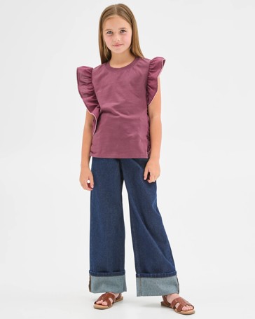 Wide Leg Cuffed Denim Jeans