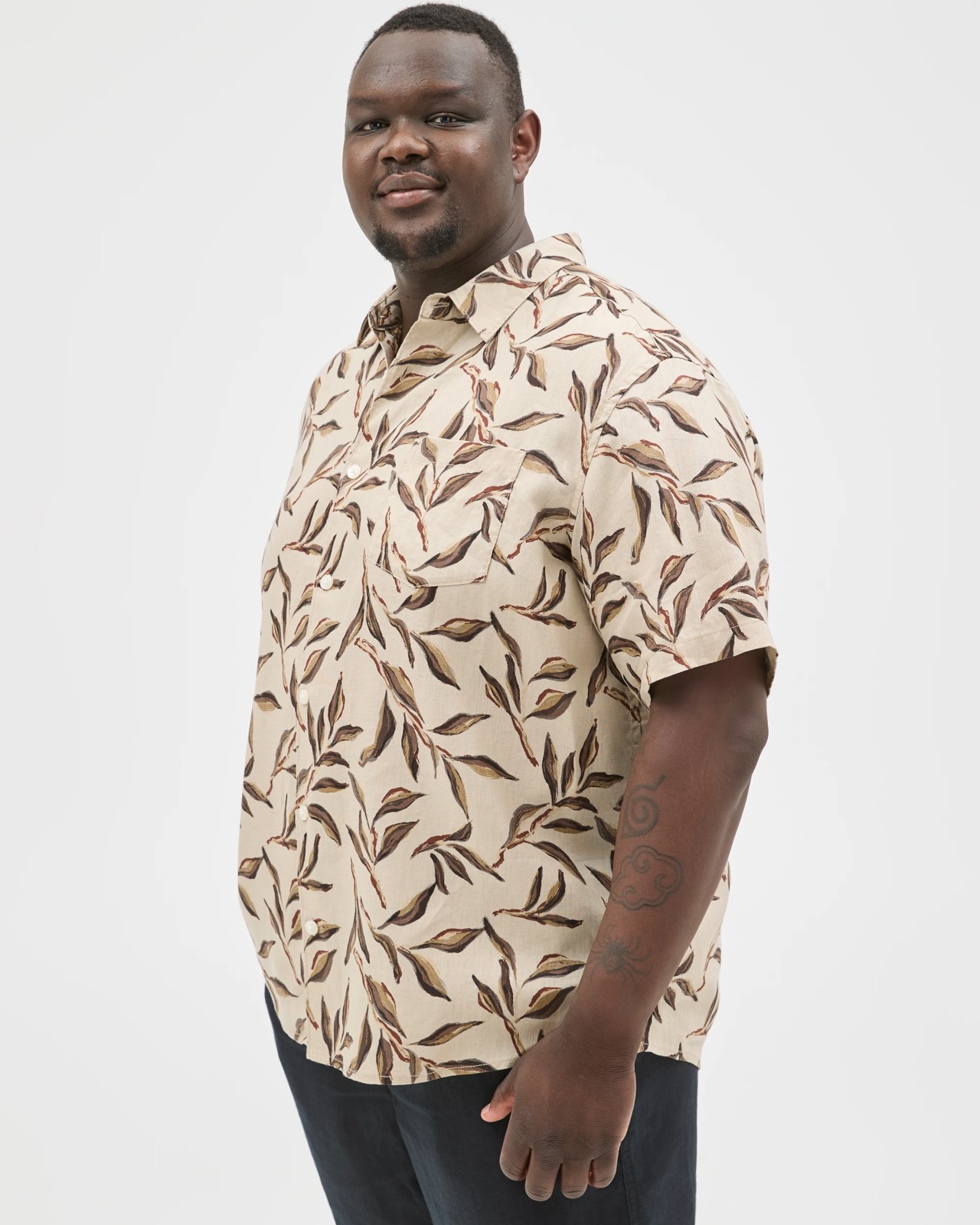 Plus Size European Linen Short Sleeve Print Shirt - Stone 5 of 5
