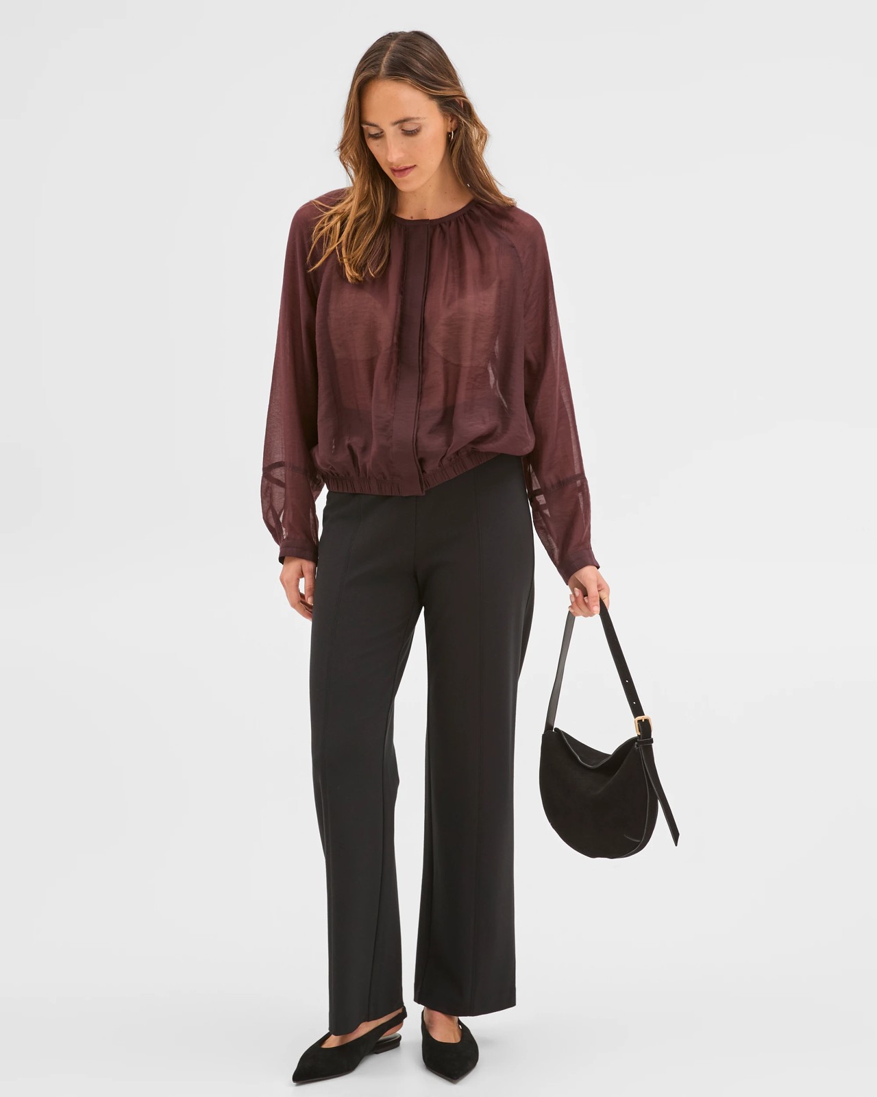 Preview Long Raglan Sleeve Gathered Blouse - Dark Chocolate 3 of 5