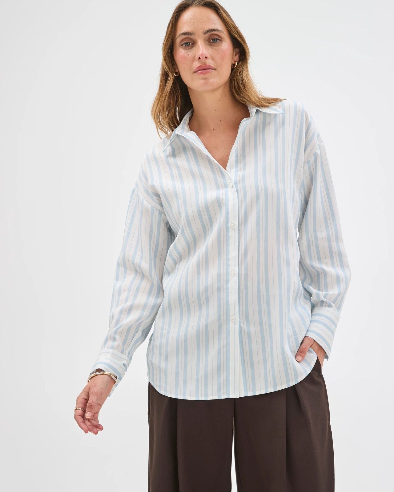 Preview Lyocell Long Sleeve Back Detail Shirt - Dusty Blue Stripe 5 of 5
