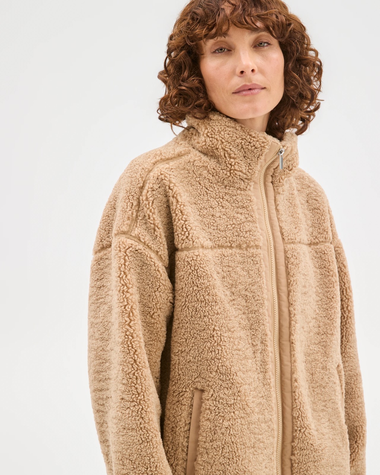 Relaxed Sherpa Zip Through Jacket - Camel 4 of 6