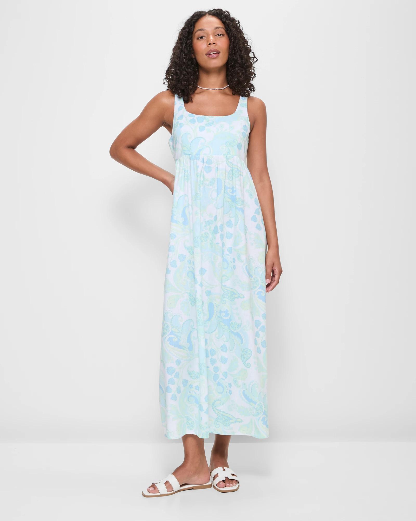 chinese dress ladies Linen Blend Unique Print Square Neck Pocket Casual Vacation Maxi Dress –  prettylilygal main image 0