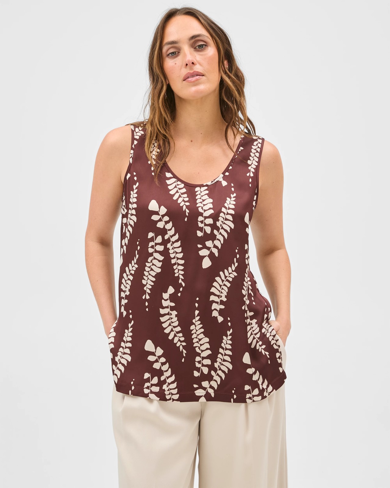 Preview Penny Sleeveless Scoop Neck Satin Top - Brown Organic Leaf 3 of 5