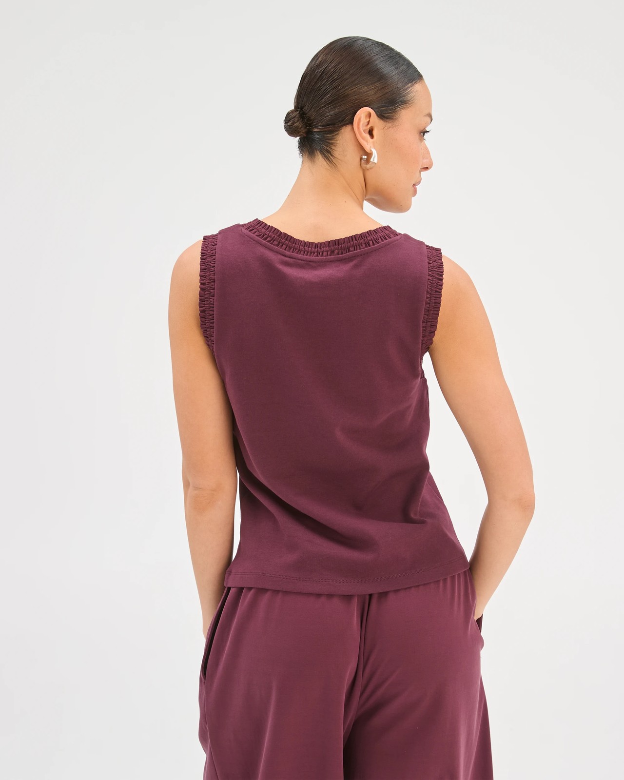 Australian Cotton Gathered Trim Tank Top - Merlot 5 of 5