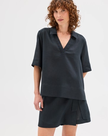 European Linen Short Sleeve A-Line Popover Shirt