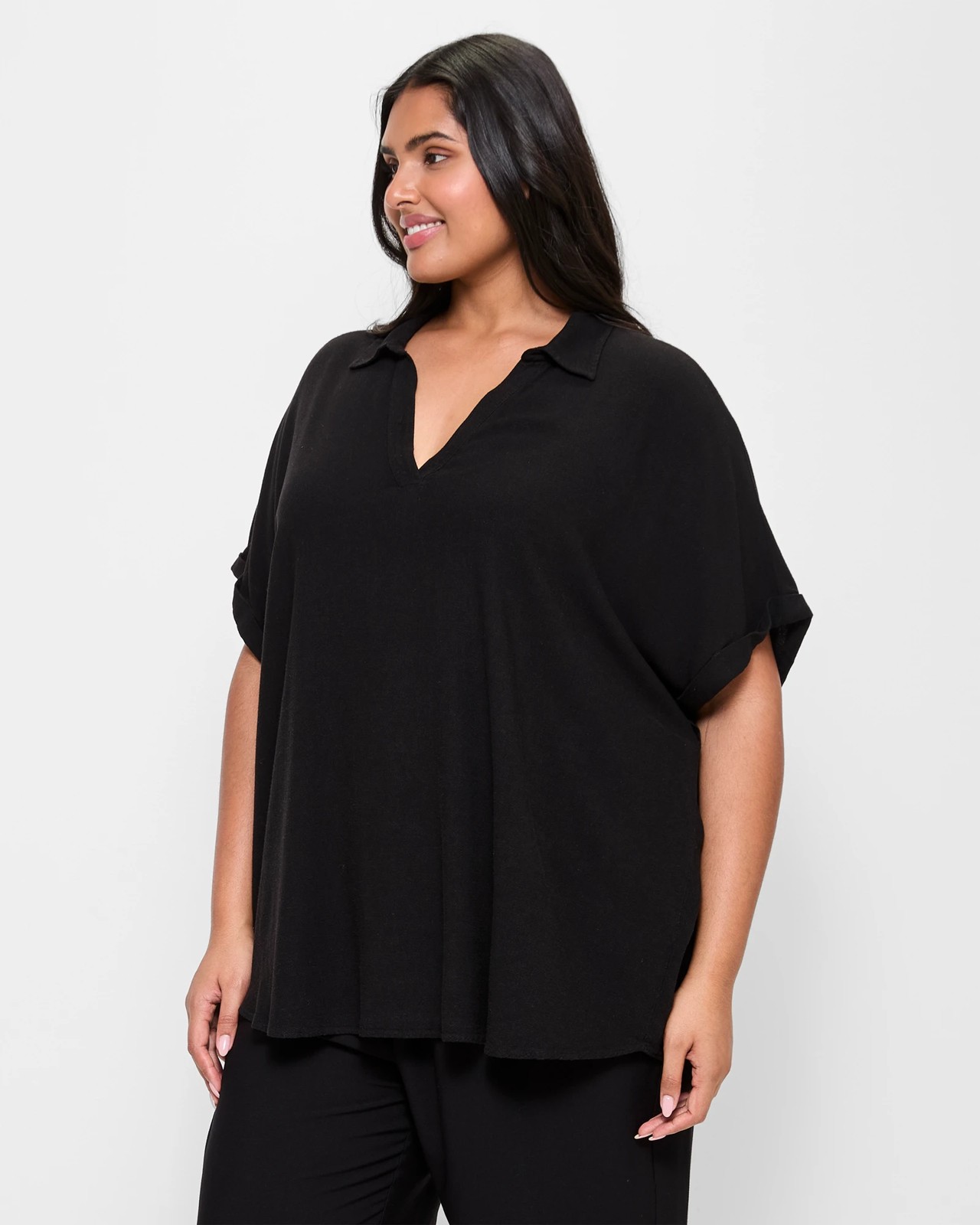 Plus Size Linen Blend Notch Neck Blouse 3 of 5