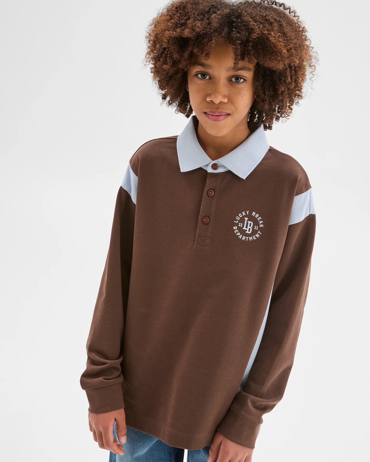 Australian Cotton Long Sleeve Panelled Rugby T-Shirt - Brown / Blue 3 of 6