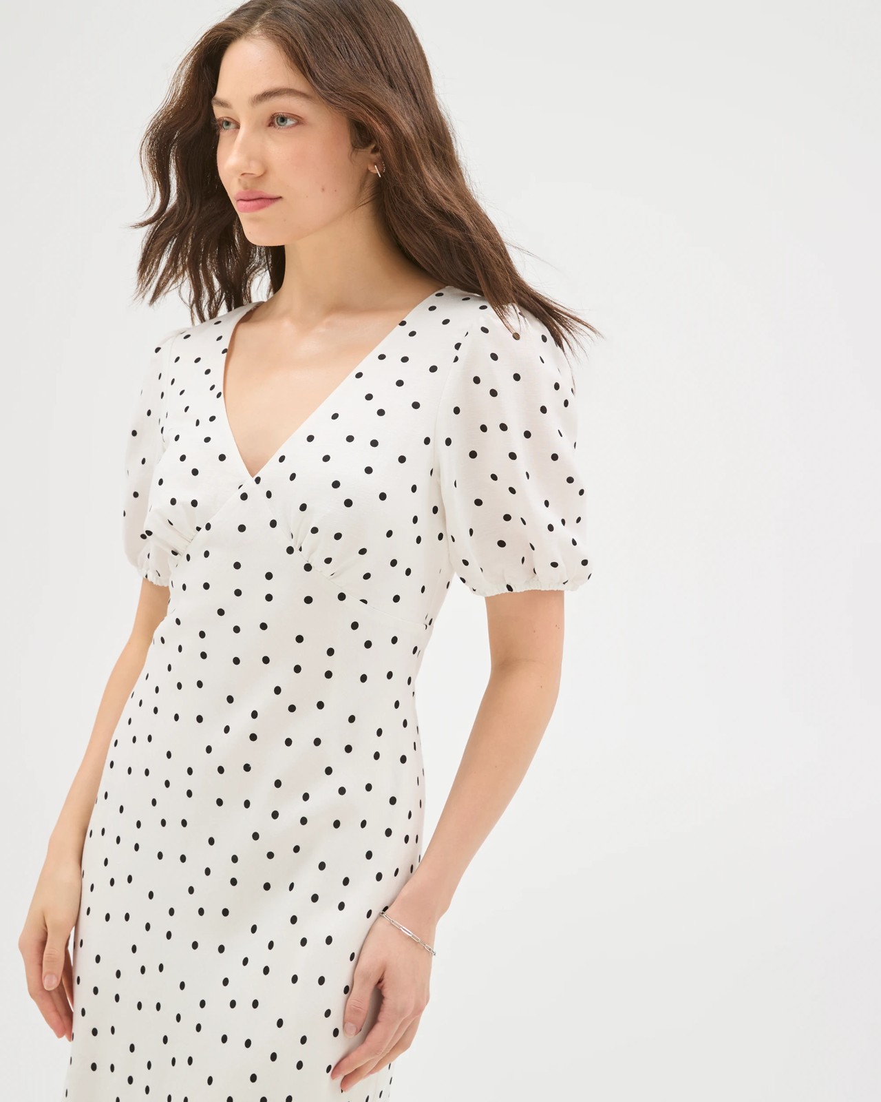 Lily Loves European Linen Blend Puff Sleeve Midi Dress - Pale Oat Spot 2 of 5