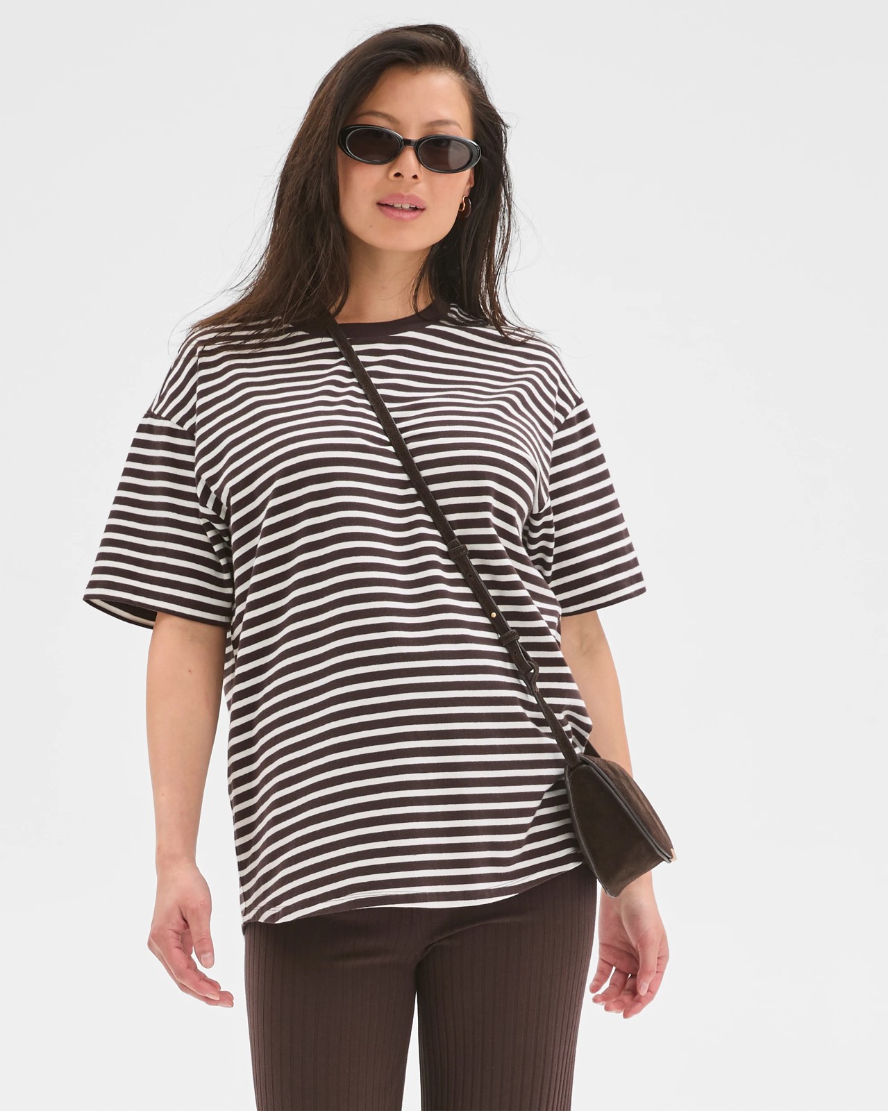 Maternity Australian Cotton Crew Neck T-Shirt - Chocolate/White Stripe 4 of 5
