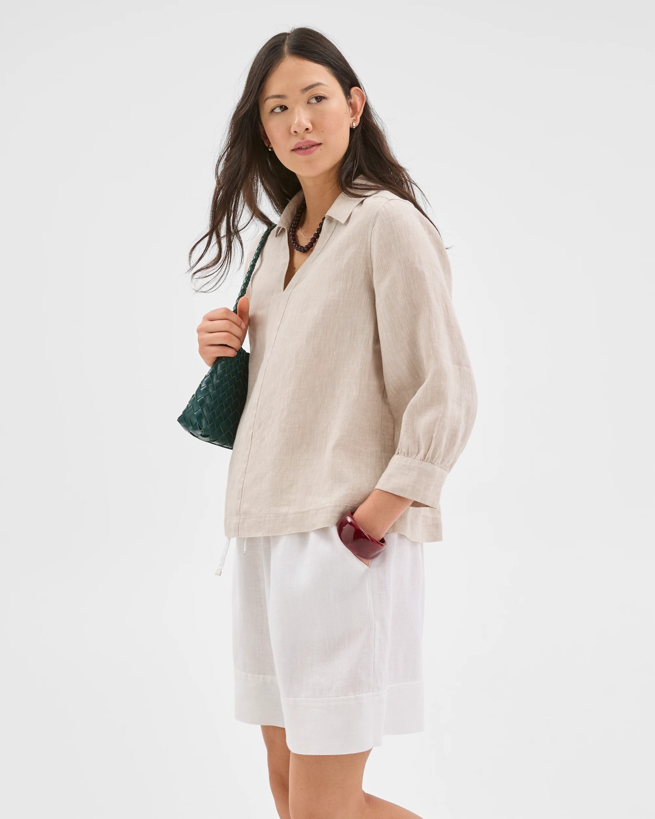 European Linen Long Sleeve Popover Top - Flax 3 of 6