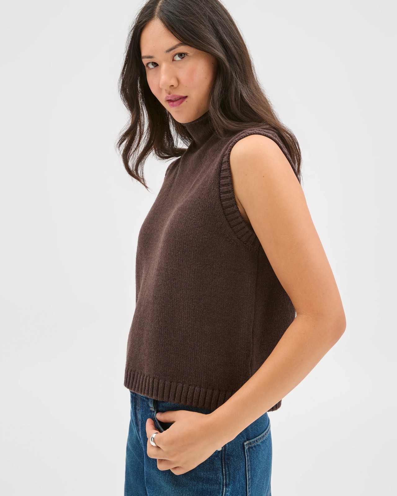 Australian Cotton Blend High Neck Long Sleeveless Vest - Brunette 6 of 6