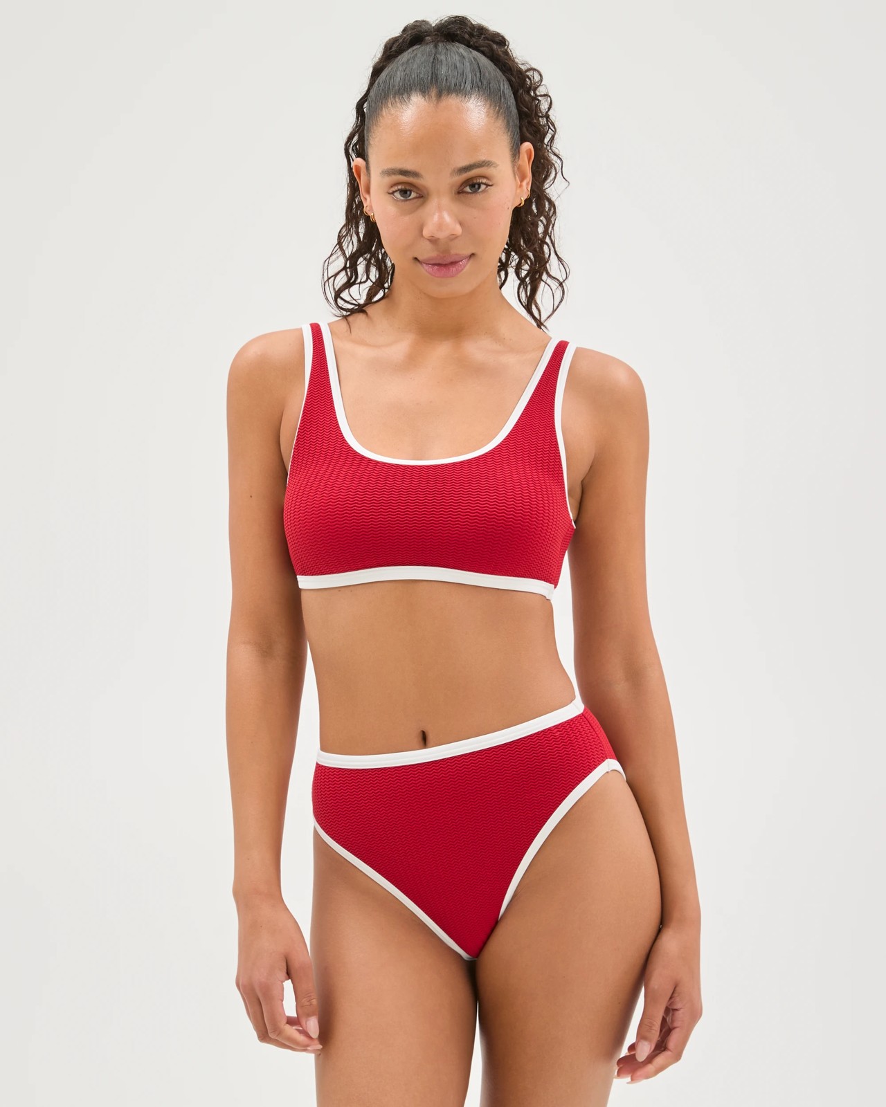High Waisted High Cut Crinkle Bikini Briefs - Ruby/White 2 of 6