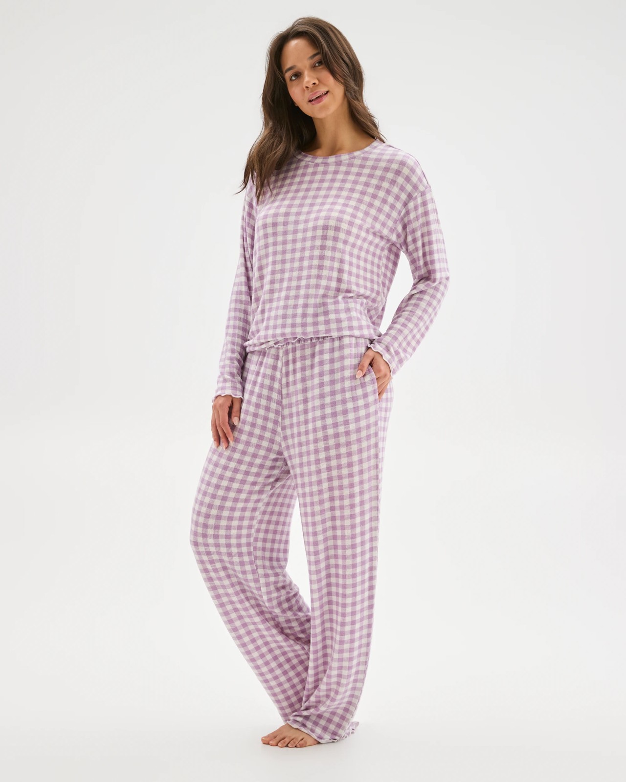 Cosy Slub Knit Sleep Pants - Purple gingham 3 of 6