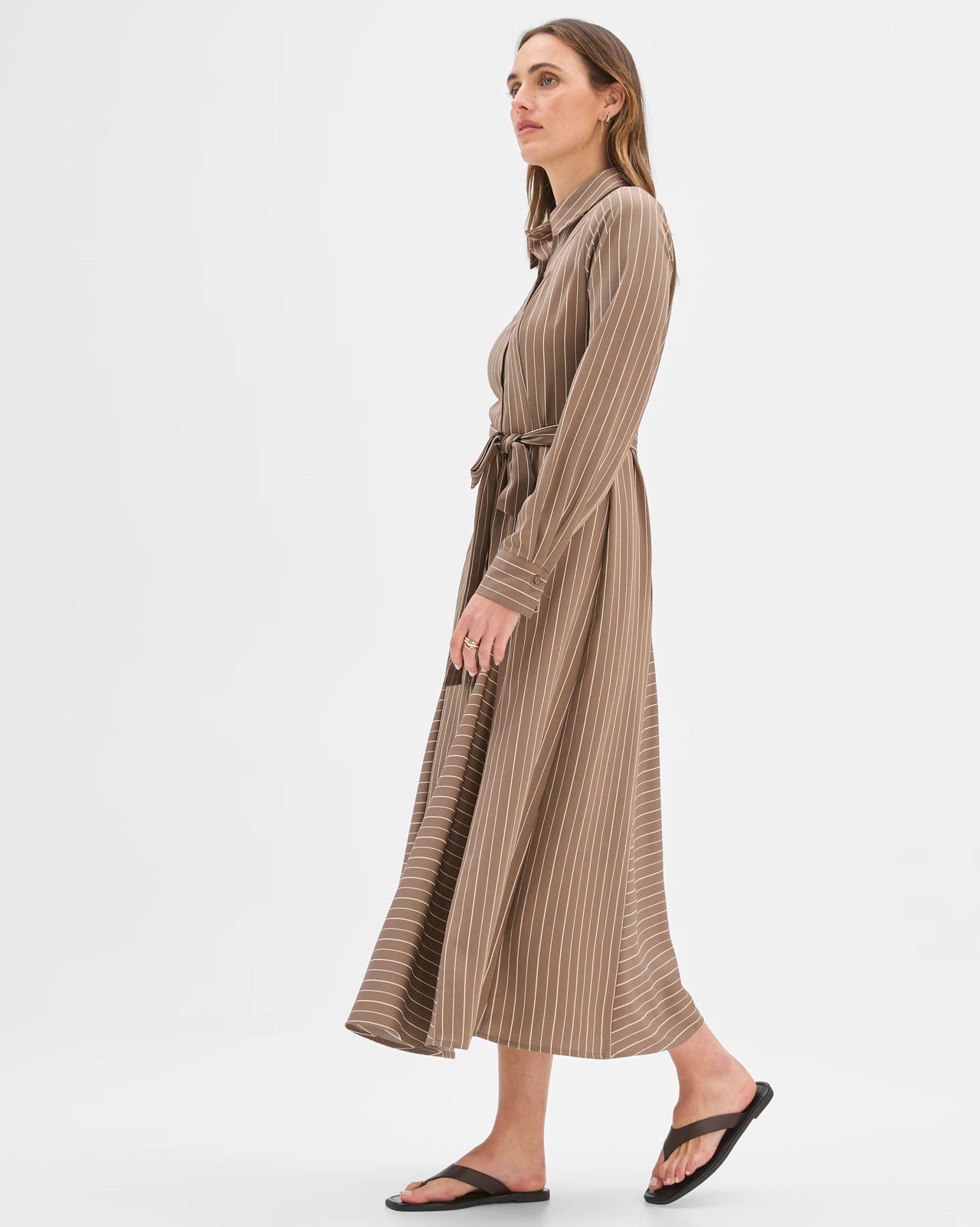 Preview Long Sleeve Godet Detail Midi Shirt Dress - Smoked Taupe 2 of 5