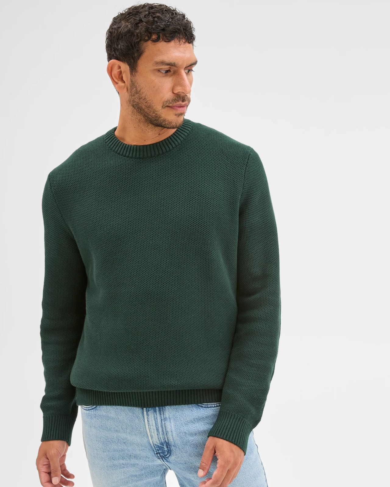 Australian Cotton Midweight Honeycomb Knit Sweater - Dark Green 2 of 6