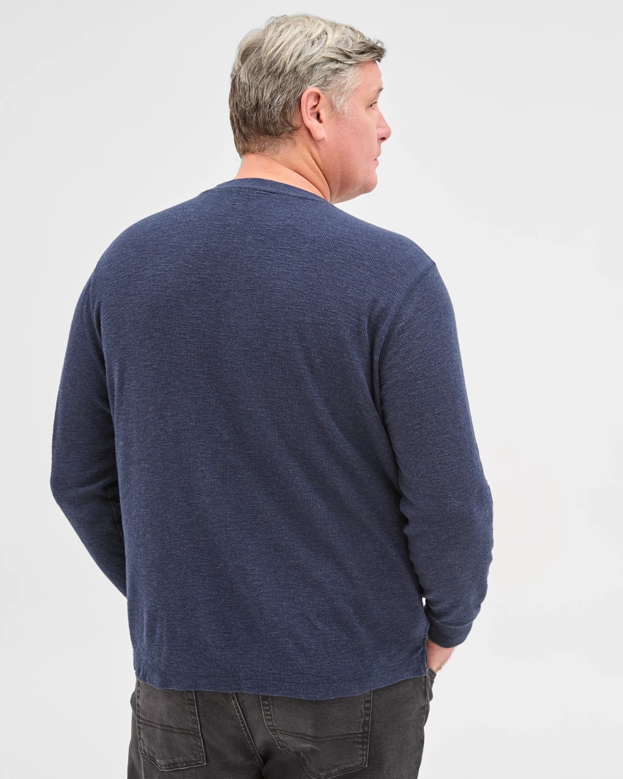 Plus Size Australian Cotton Long Sleeve Waffle Henley T-Shirt - Navy Marle 6 of 6