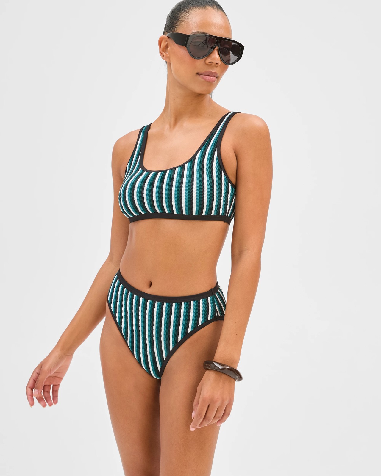 High Waisted High Cut Crinkle Bikini Briefs - Cocoa/Deep Sea Stripe 3 of 5