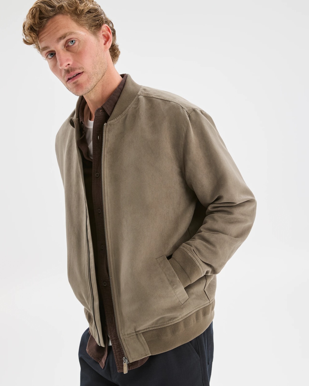 Faux Suede Bomber Jacket - Grey Olive 5 of 6