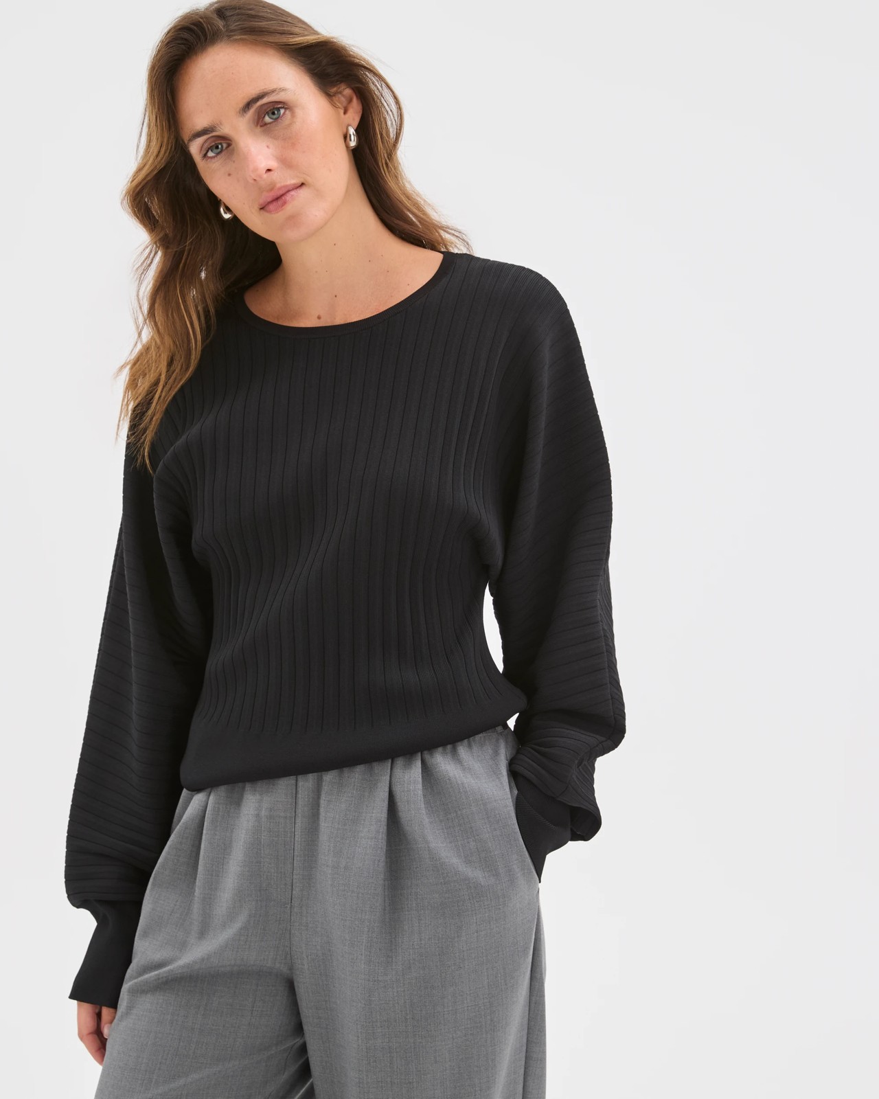 Preview Long Dolman Sleeve Crepe Knit Jumper - Black 4 of 6