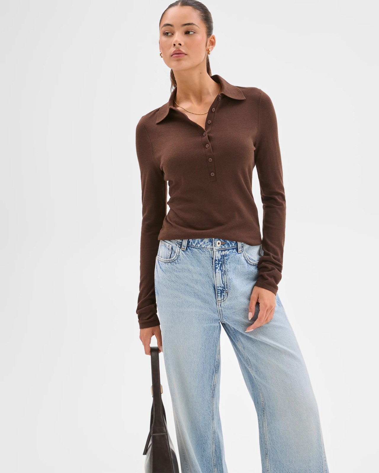 Lily Loves Long Sleeve Knit Polo Top - Coffee Bean 3 of 5
