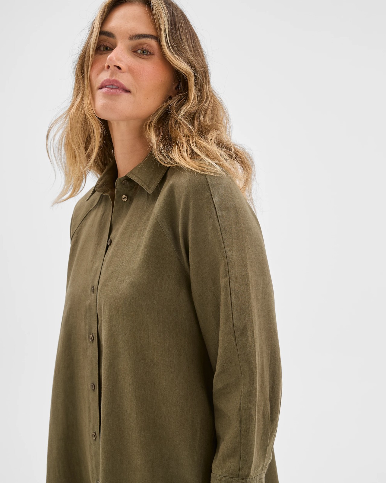 European Linen 3/4 Sleeve Midi Shirt Dress - Dusty Moss 5 of 6