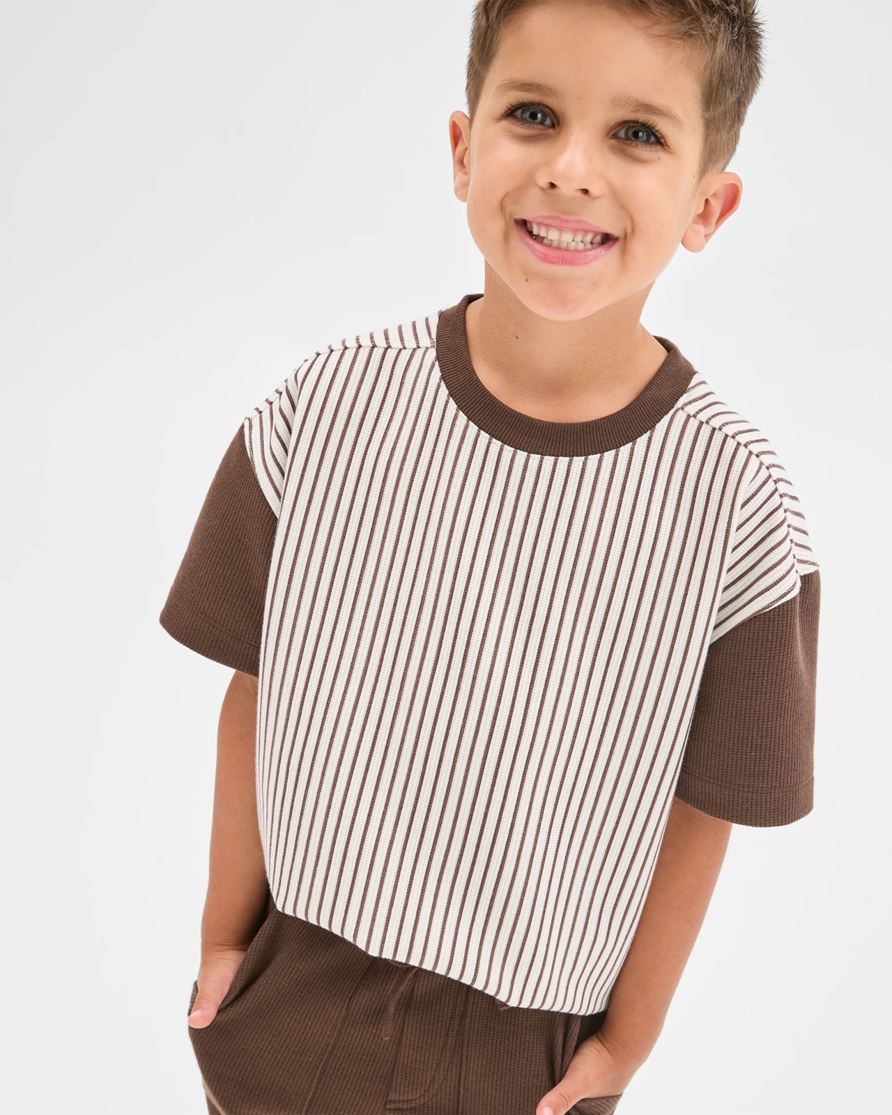 Waffle T-Shirt and Shorts 2 Piece Set - Brown 2 of 6