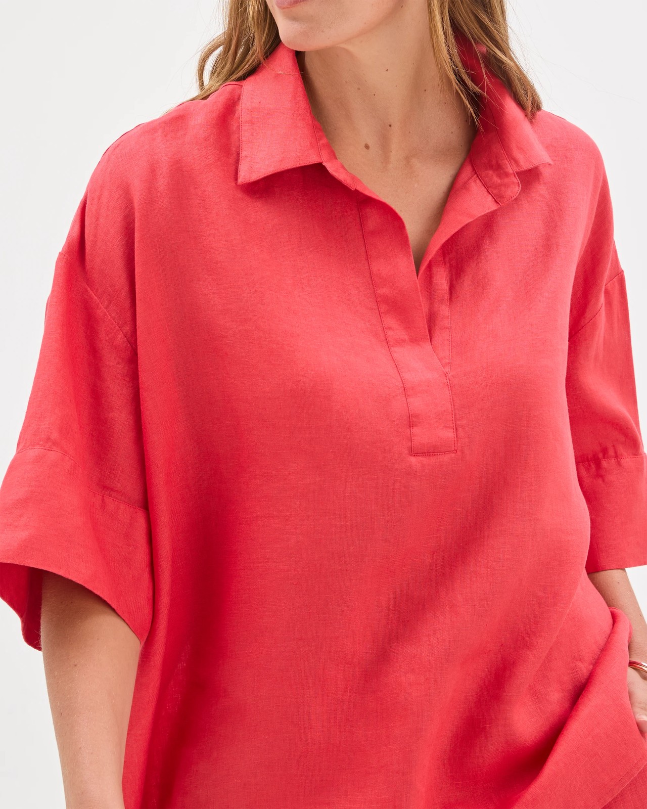 European Linen Elbow Sleeve Cocoon Popover Shirt - Cranberry 3 of 6