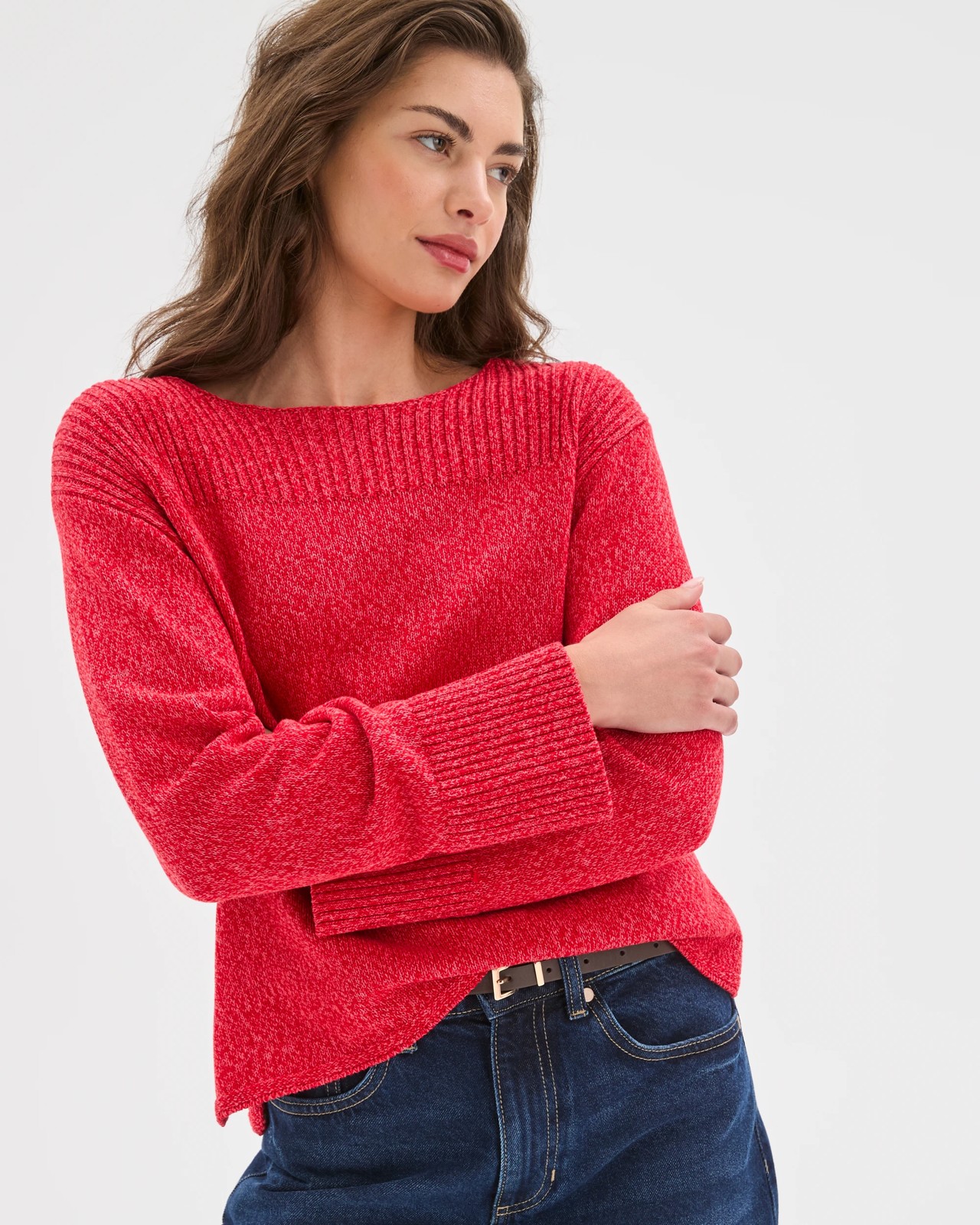 Petites Australian Cotton Blend Rib Trim Ottoman Boat Neck Jumper - True Red Twist 5 of 5
