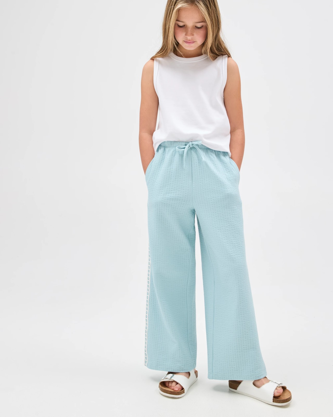 Australian Cotton Blend Textured Side Taped Wide Leg Knit Pants - Blue 2 of 6